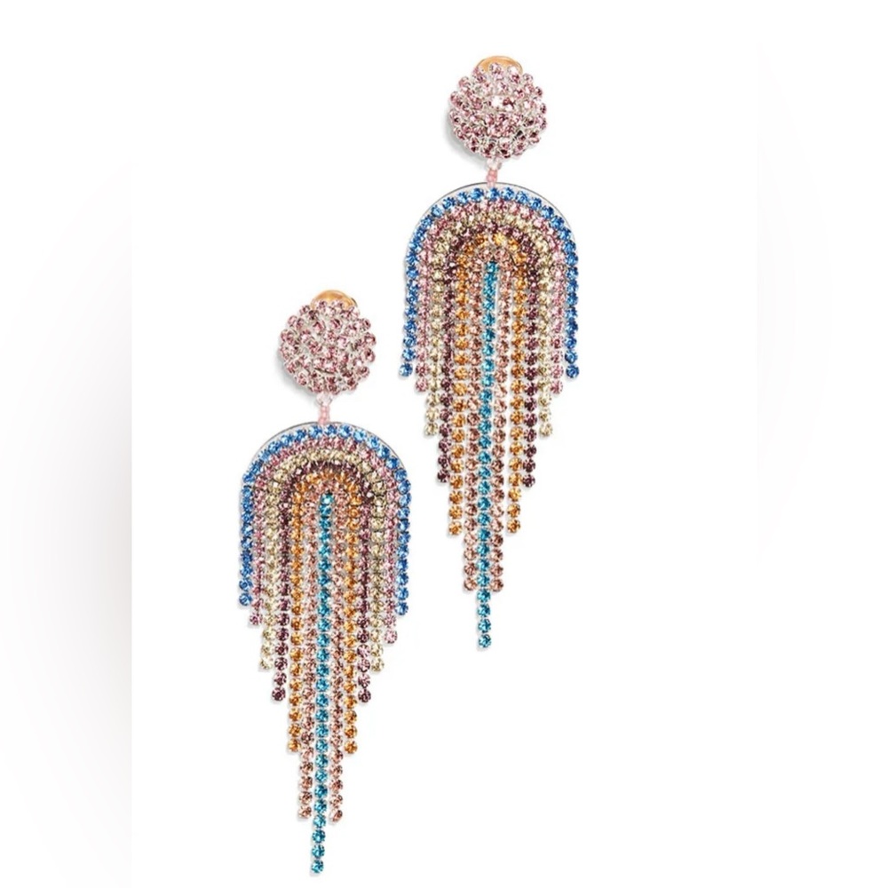 Oscar de la Renta Pink, Blue and Gold Crystal Fringe Earrings